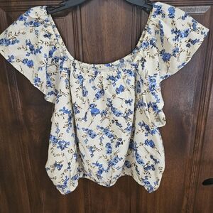 a new day Floral Off-Shoulder Blouse - Blue and Cream